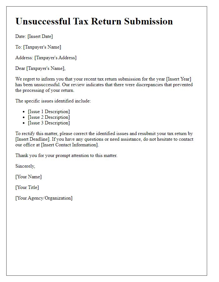 Letter template of unsuccessful tax return submission