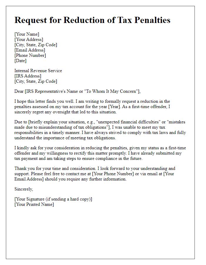 Letter template of request for tax penalties reduction for first-time offenders.