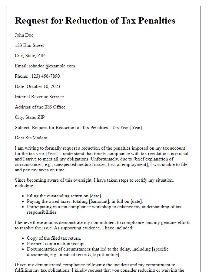 Letter template of request for tax penalties reduction with supporting evidence of compliance.