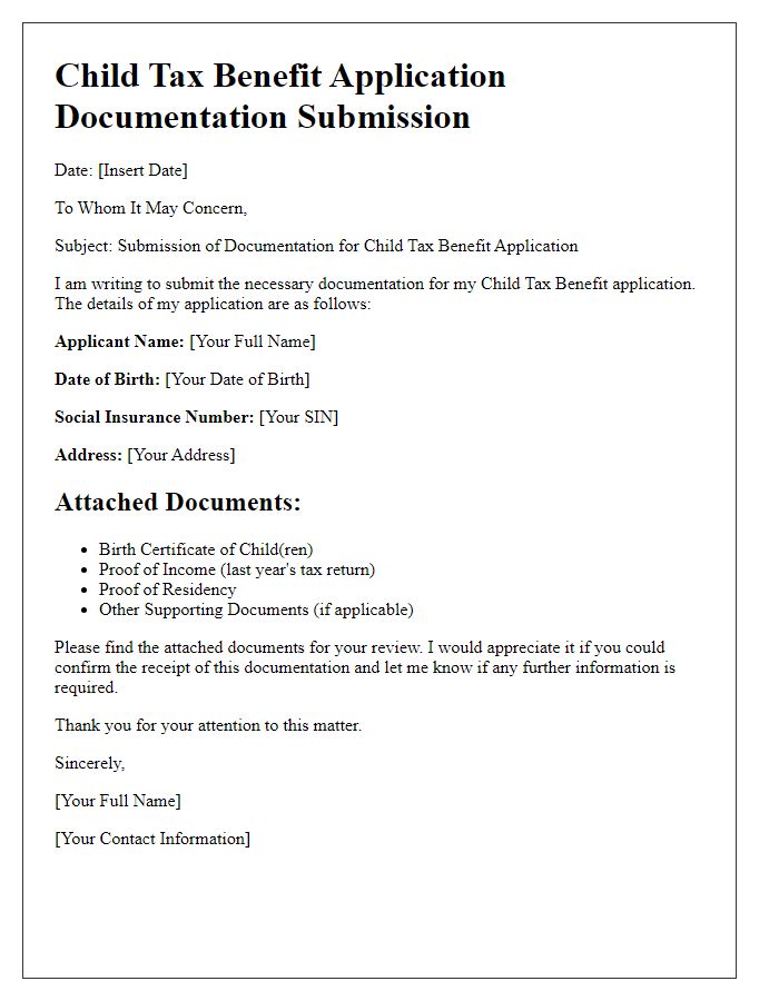 Letter template of Child Tax Benefit Application Documentation Submission