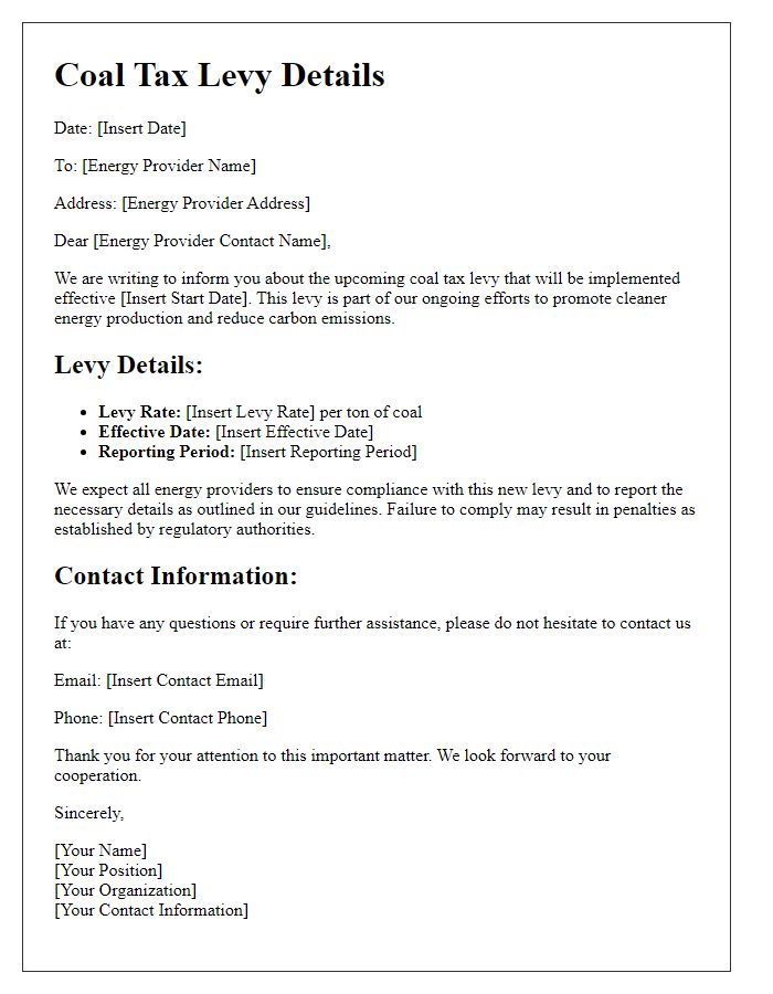 Letter template of coal tax levy details for energy providers.