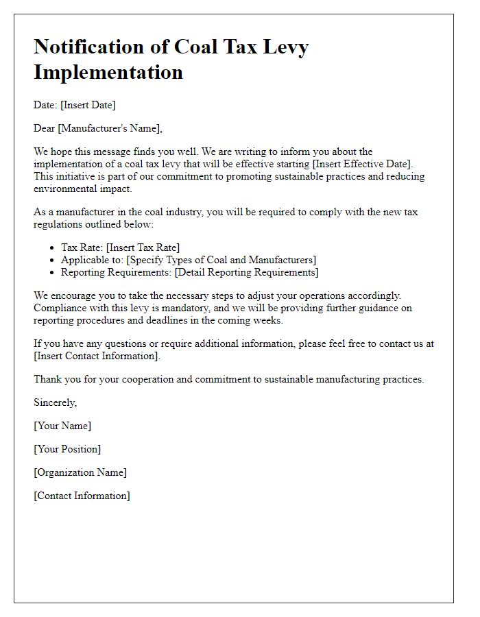 Letter template of coal tax levy implementation notification for manufacturers.