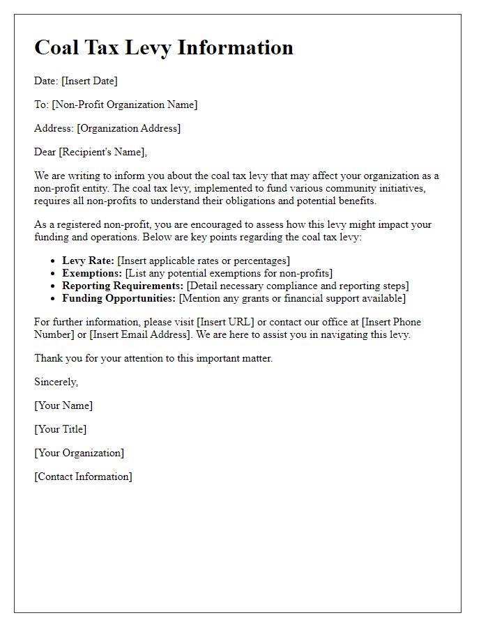 Letter template of coal tax levy information for non-profits.