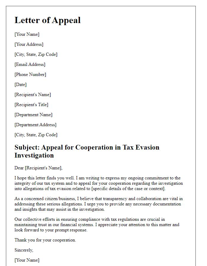 Letter template of appeal for cooperation in tax evasion investigation