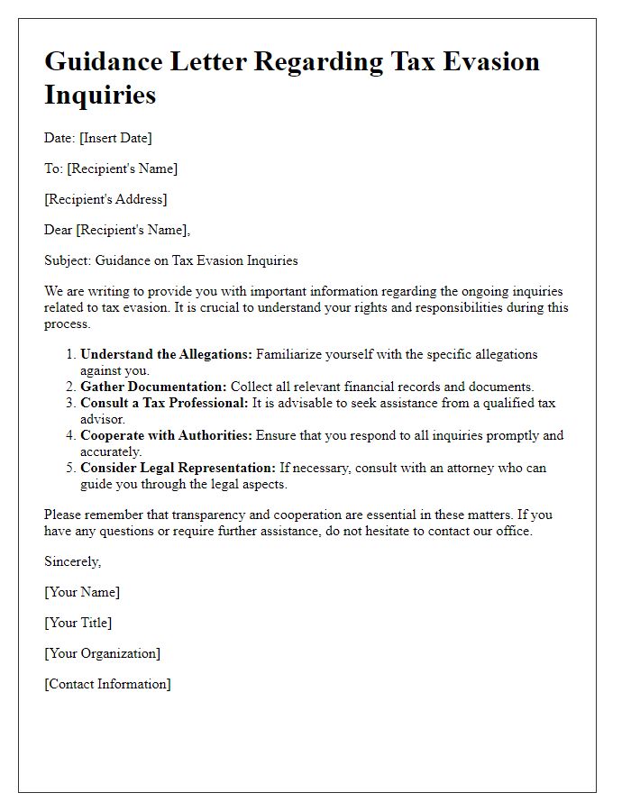 Letter template of guidance regarding tax evasion inquiries