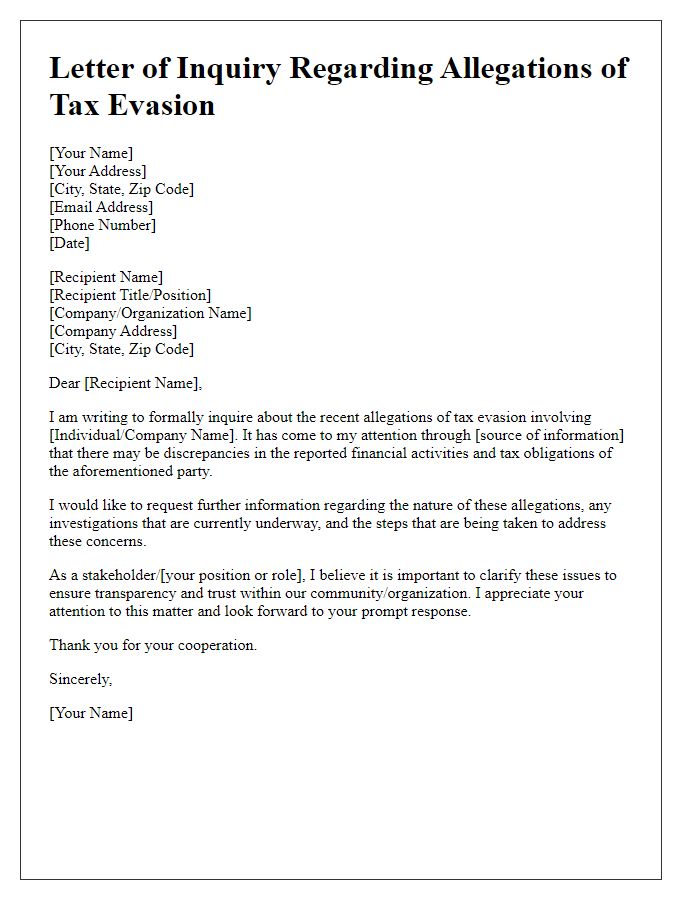 Letter template of inquiry regarding allegations of tax evasion