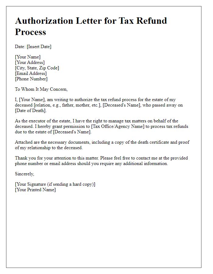 Letter template of authorization for tax refund process for deceased