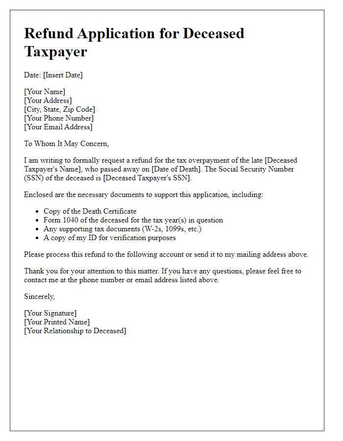 Letter template of deceased taxpayer's refund application