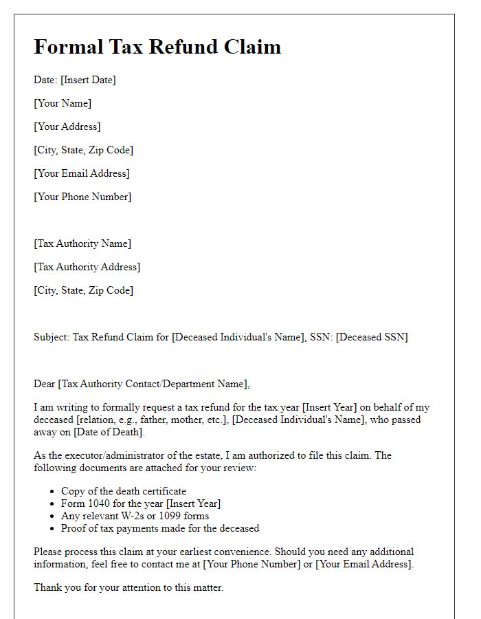 Letter template of formal tax refund claim for deceased individual