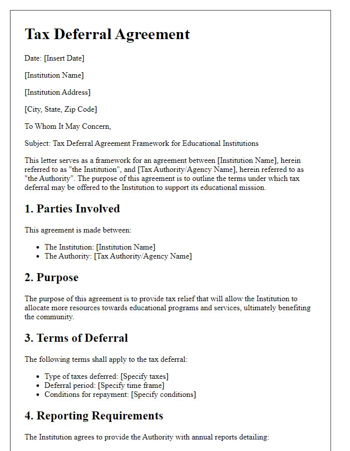 Letter template of tax deferral agreement framework for educational institutions.