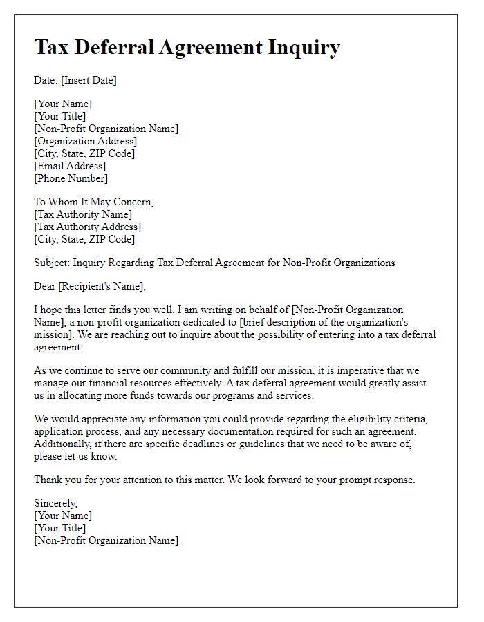 Letter template of tax deferral agreement inquiry for non-profit organizations.