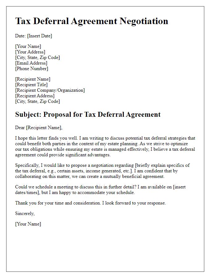 Letter template of tax deferral agreement negotiation for estate planning.