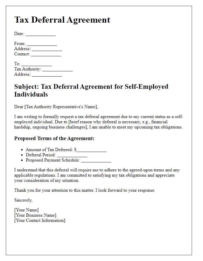 Letter template of tax deferral agreement outline for self-employed individuals.