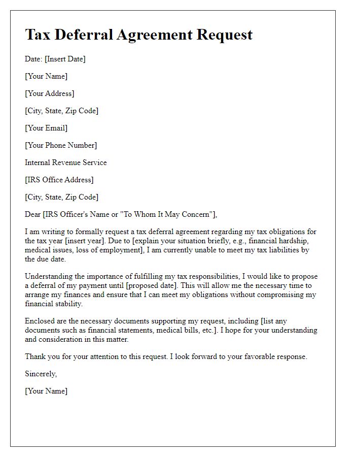 Letter template of tax deferral agreement request for individual taxpayers.