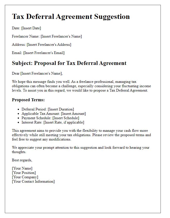 Letter template of tax deferral agreement suggestion for freelance professionals.