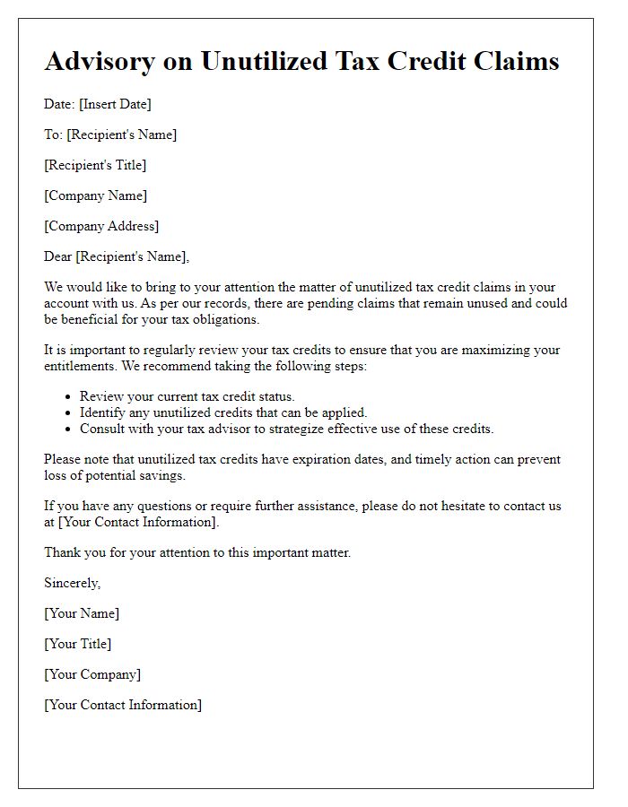 Letter template of advisory on unutilized tax credit claims