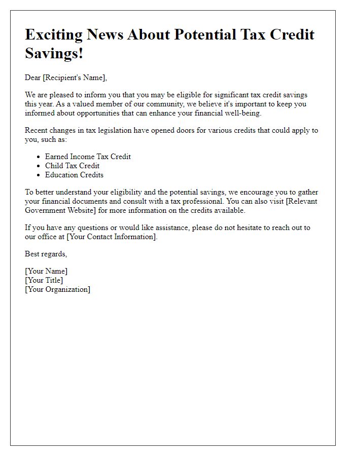 Letter template of announcement for potential tax credit savings