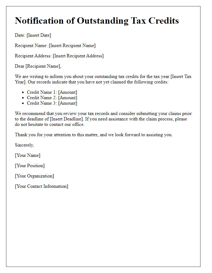 Letter template of communication about outstanding tax credits