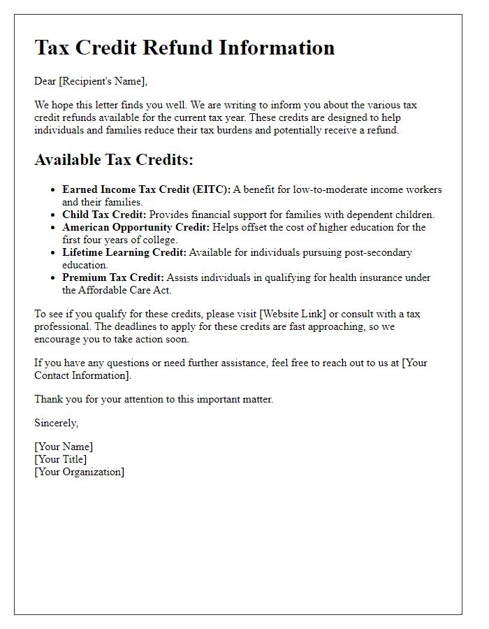 Letter template of information on tax credit refunds available