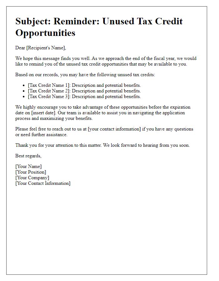 Letter template of reminder for unused tax credit opportunities