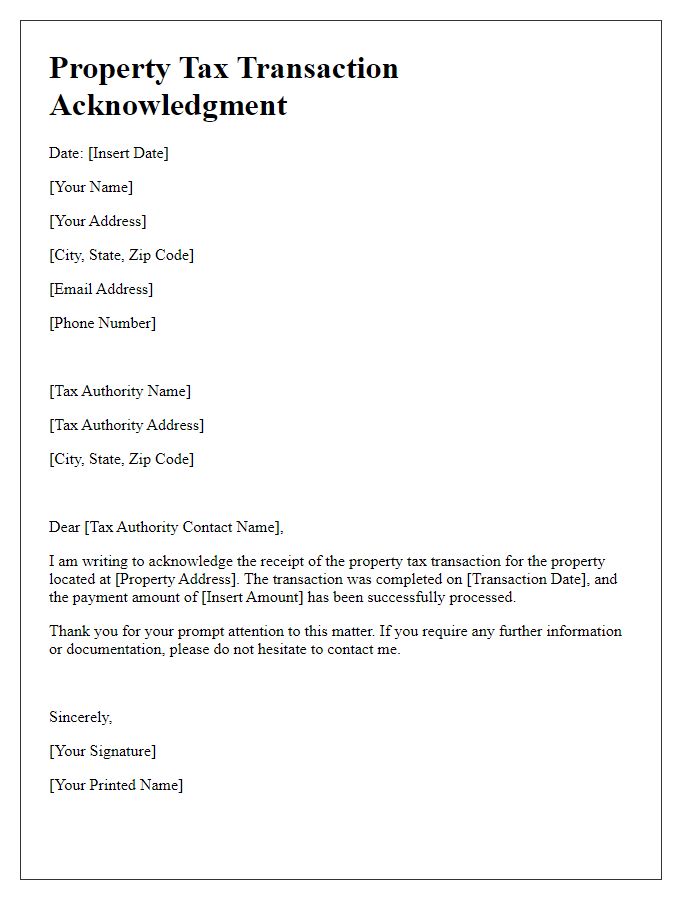 Letter template of acknowledgment for property tax transaction