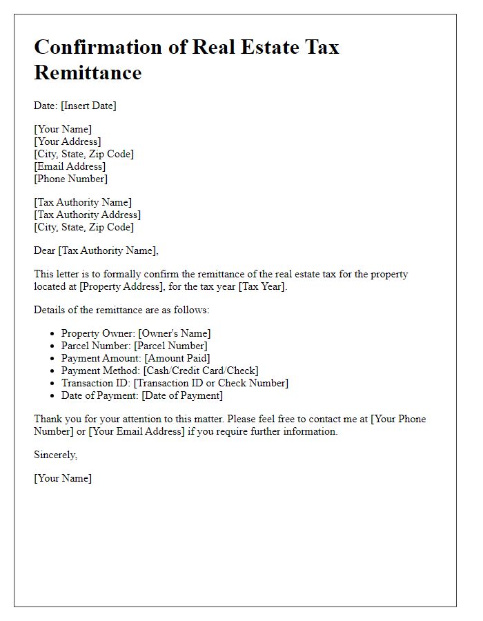 Letter template of confirmation for real estate tax remittance