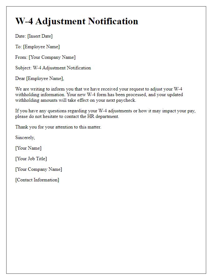 Letter template of W-4 adjustment notification