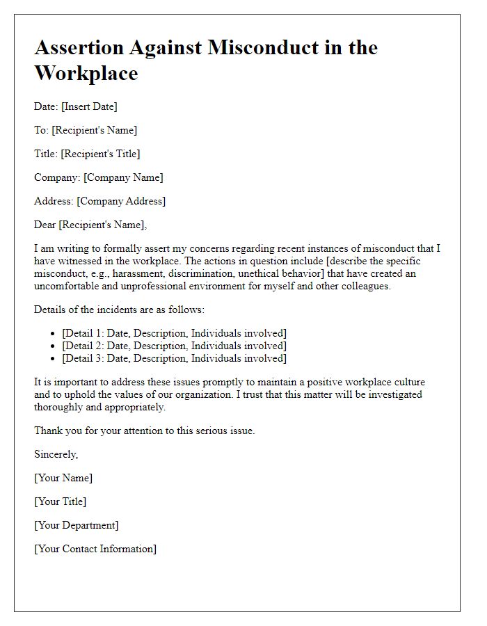 Letter template of assertion against misconduct in the workplace