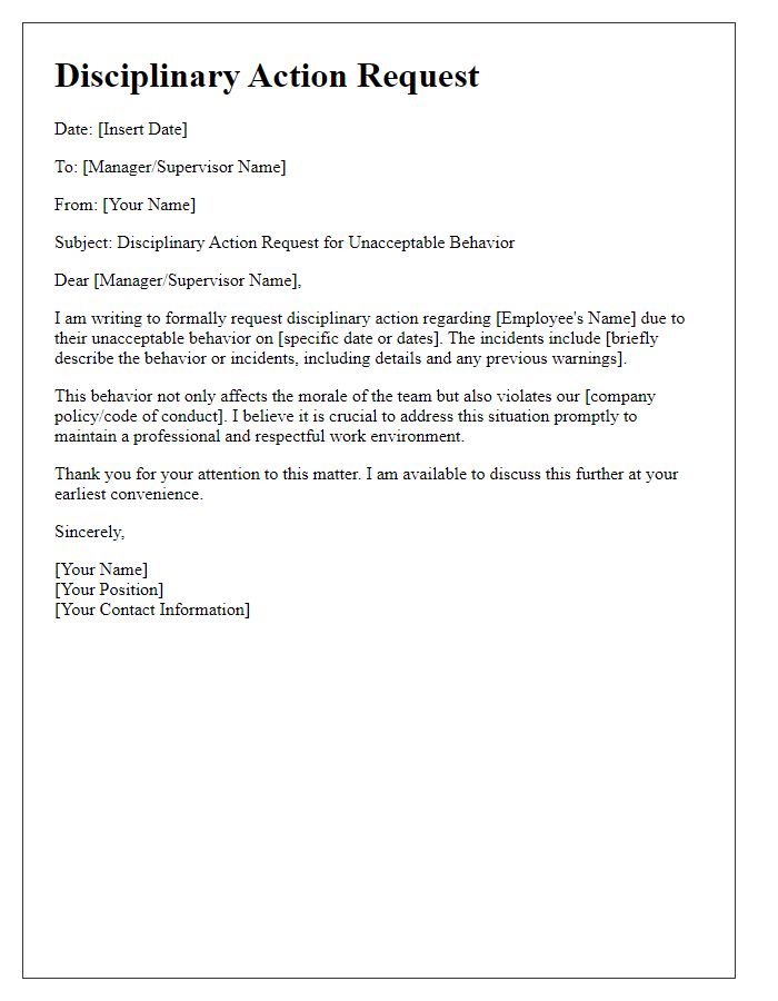 Letter template of disciplinary action request for unacceptable behavior