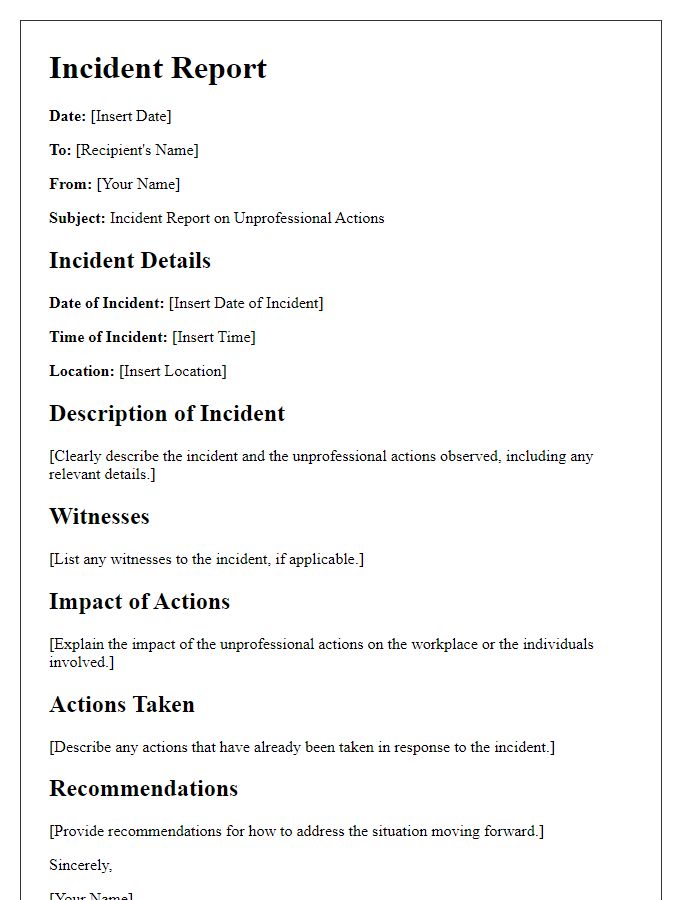 Letter template of incident report on unprofessional actions