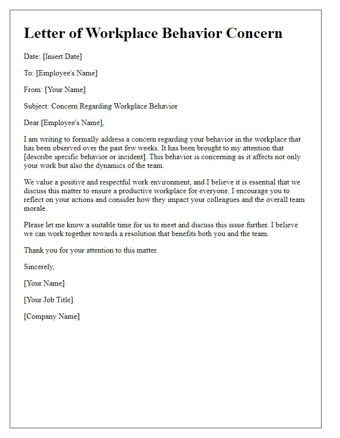 Letter template of workplace behavior concern