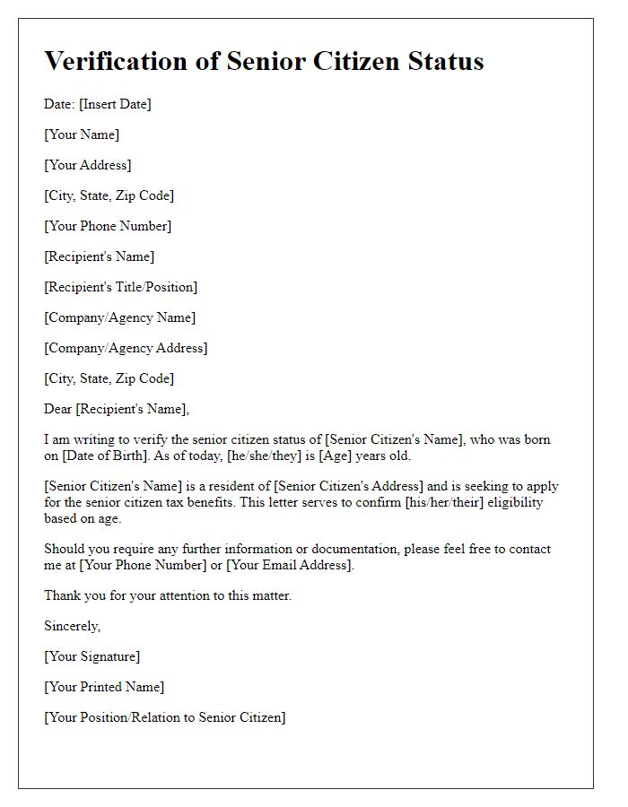 Letter template of verification for senior citizen tax benefits