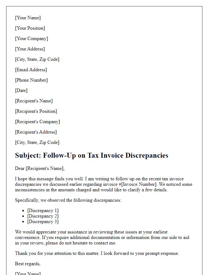 Letter template of follow-up on tax invoice discrepancies