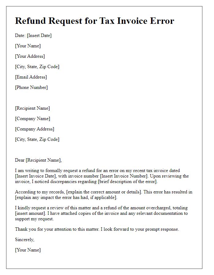 Letter template of refund request for tax invoice error