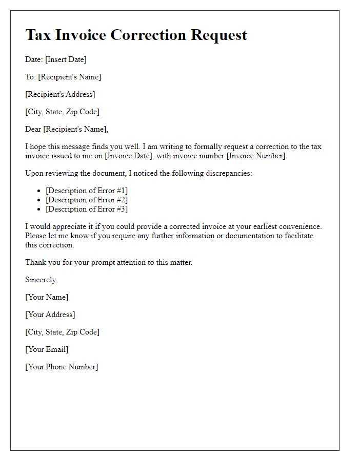 Letter template of tax invoice correction request