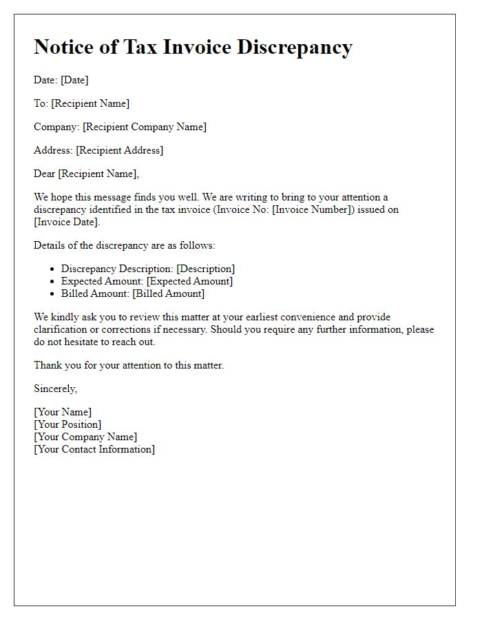 Letter template of tax invoice discrepancy notification