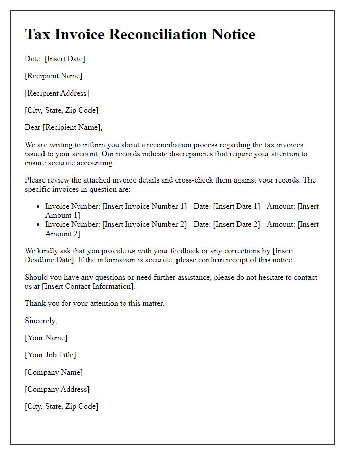 Letter template of tax invoice reconciliation notice