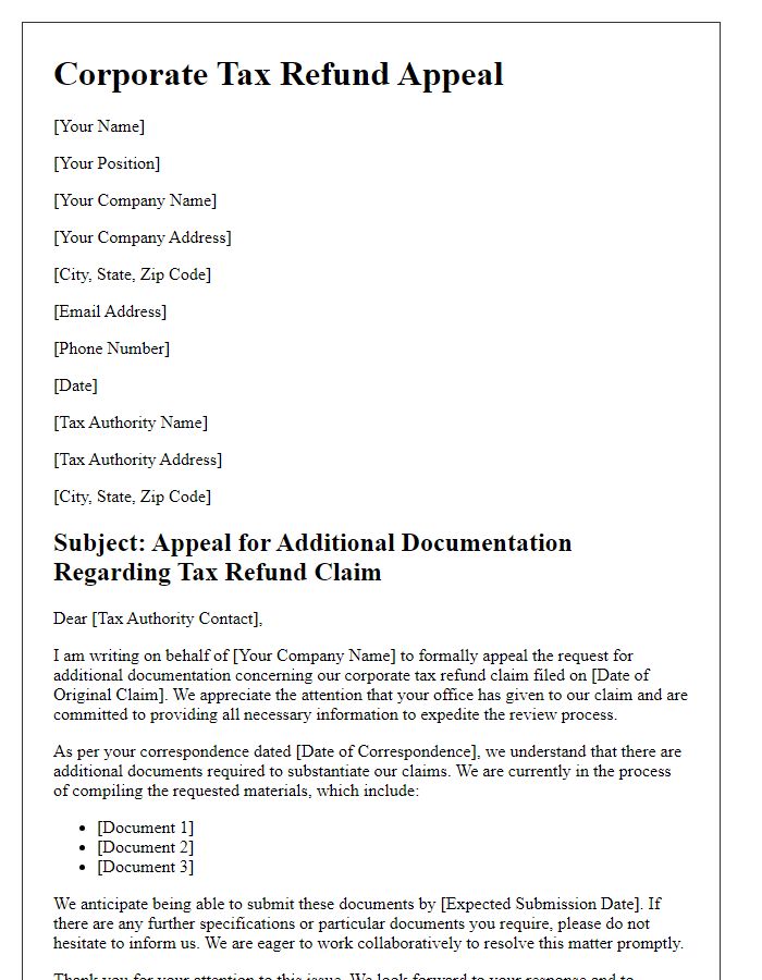 Letter template of corporate tax refund appeal for additional documentation.