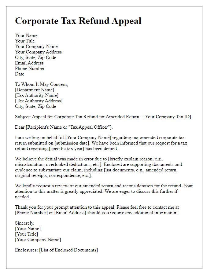 Letter template of corporate tax refund appeal for amended return.