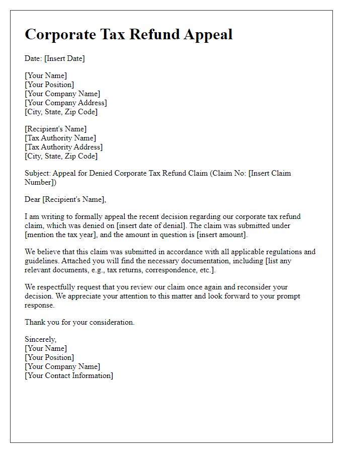 Letter template of corporate tax refund appeal for denied claim.