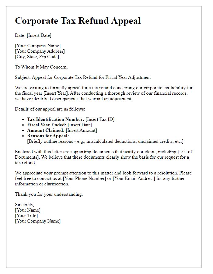 Letter template of corporate tax refund appeal for fiscal year adjustment.