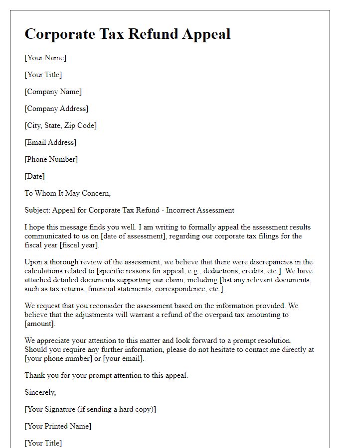 Letter template of corporate tax refund appeal for incorrect assessment.