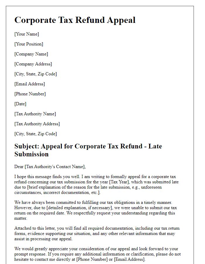 Letter template of corporate tax refund appeal for late submission.