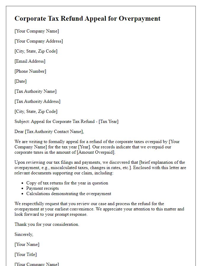 Letter template of corporate tax refund appeal for overpayment.