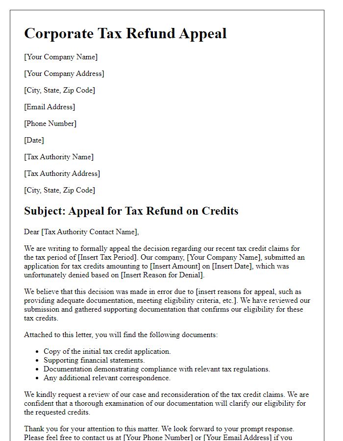 Letter template of corporate tax refund appeal for tax credits.