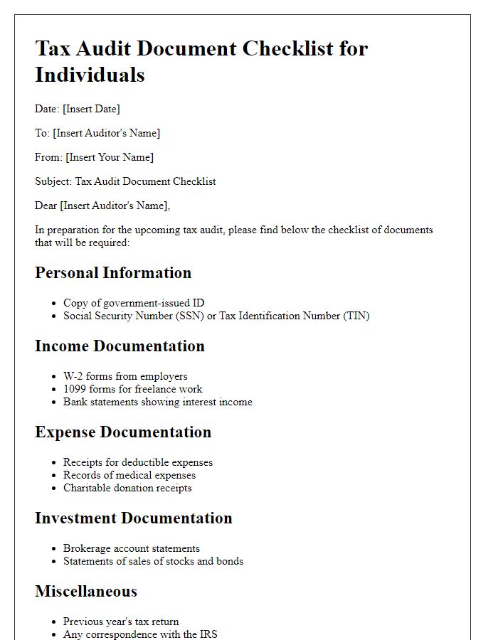 Letter template of tax audit document checklist for individuals.