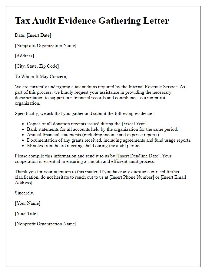 Letter template of tax audit evidence gathering for nonprofits.