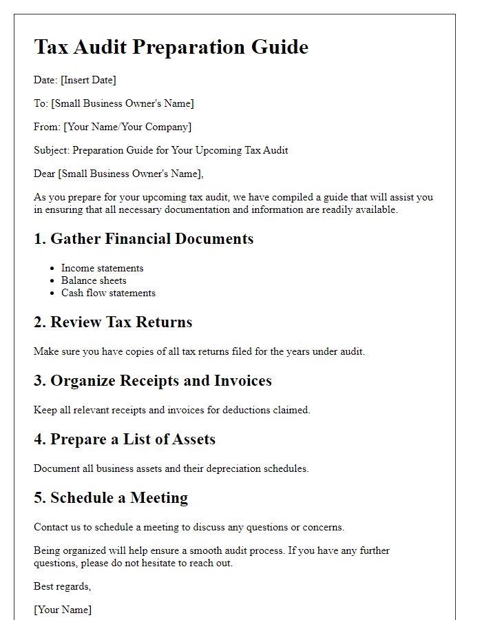 Letter template of tax audit preparation guide for small businesses.