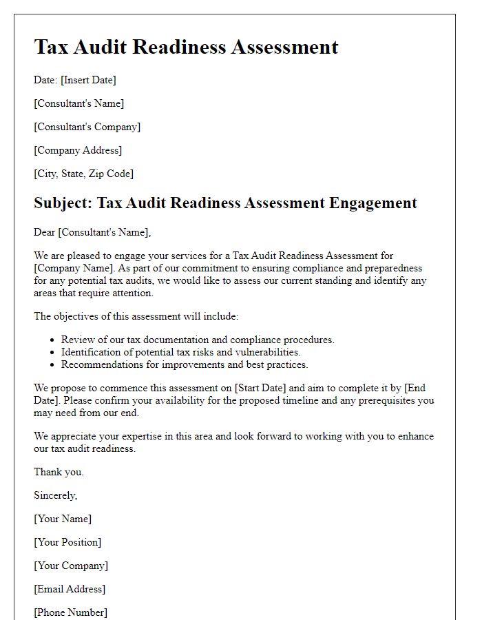 Letter template of tax audit readiness assessment for consultants.