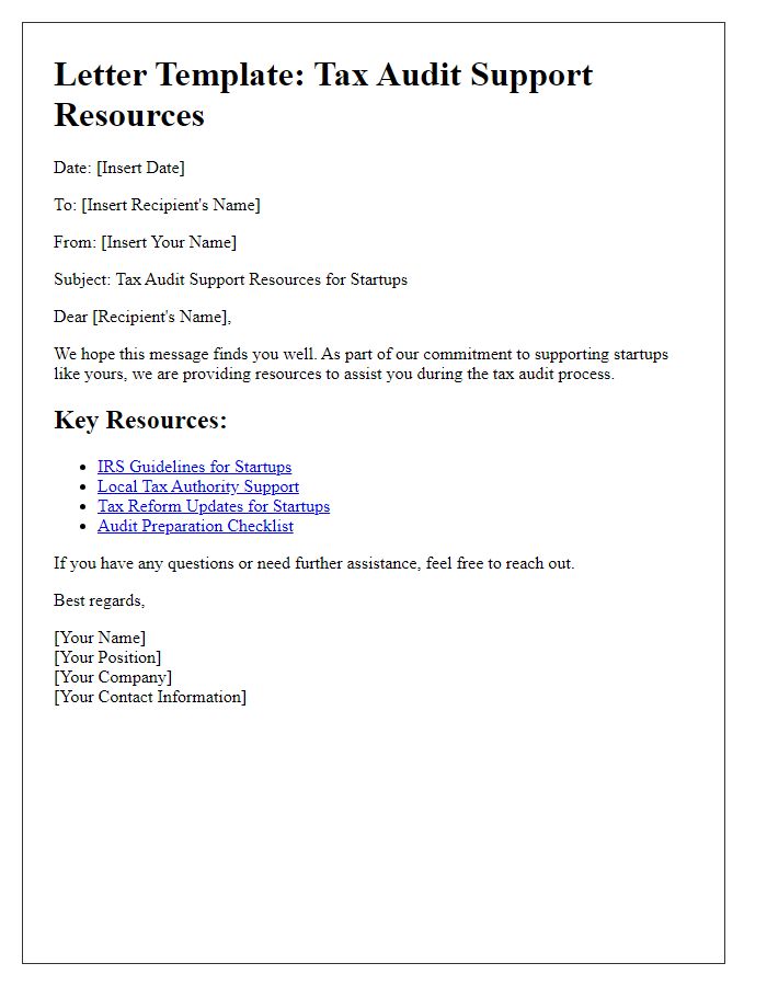 Letter template of tax audit support resources for startups.